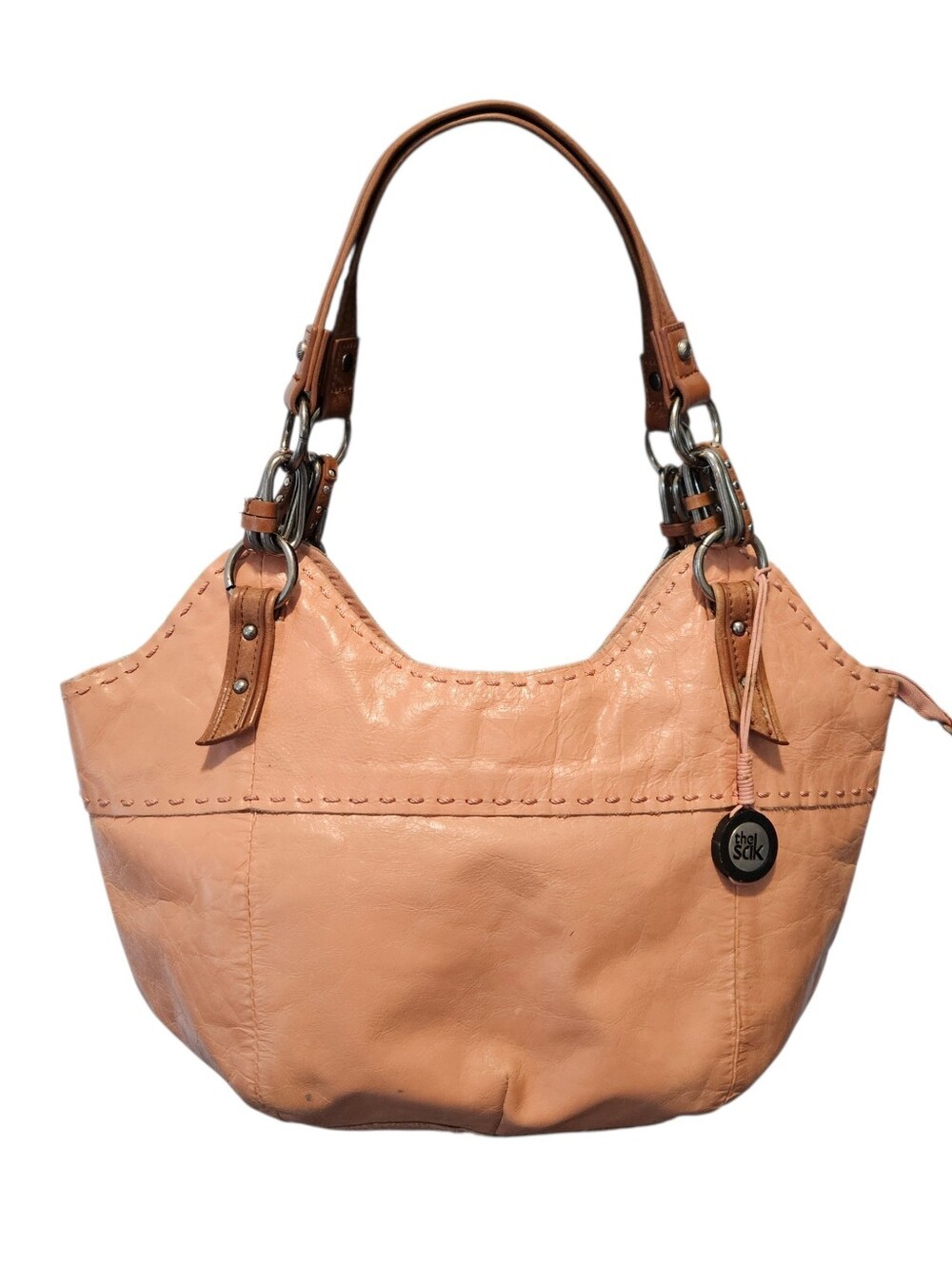 THE SAK 16" Solid Pink Leather Bag Vintage Brown Strap Handbag Purse + Pockets